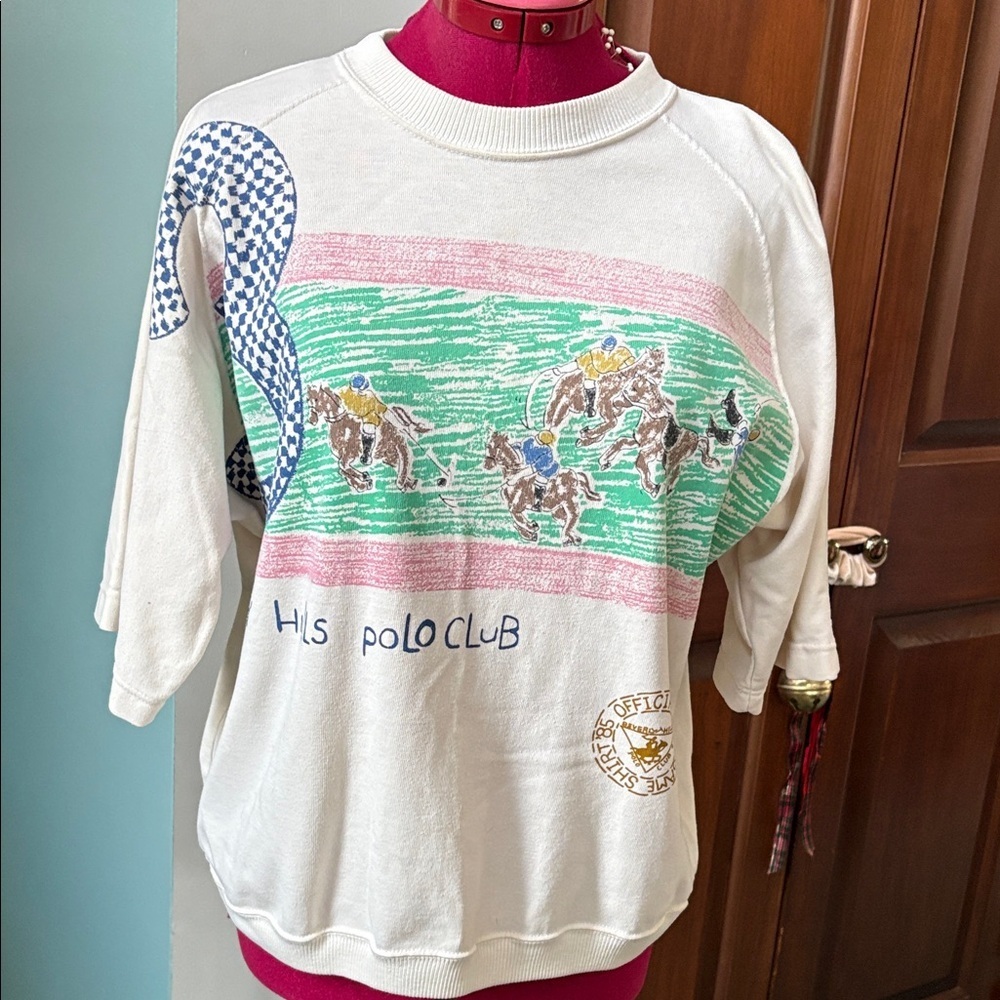 Top  authentic 80s  short sleeve  polo game print/ large #3 cream/pink/green